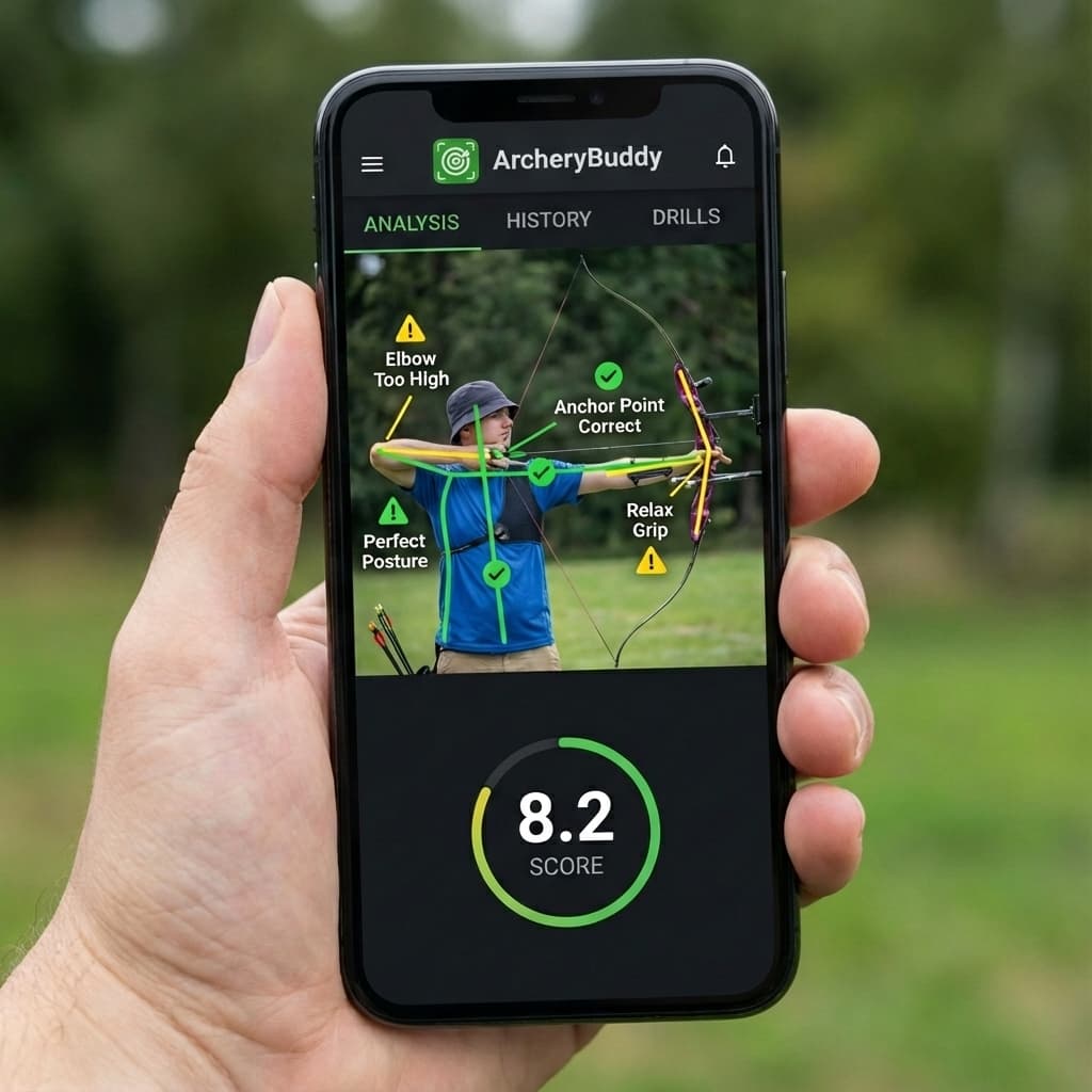 Smartphone showing AI form analysis with posture overlay on an archer