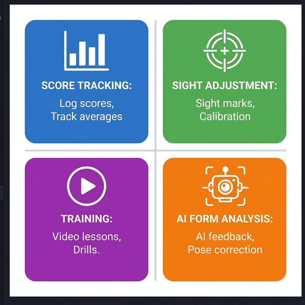 Comparison of 4 types of archery apps: Score Tracking, Sight Adjustment, Training, and AI Form Analysis