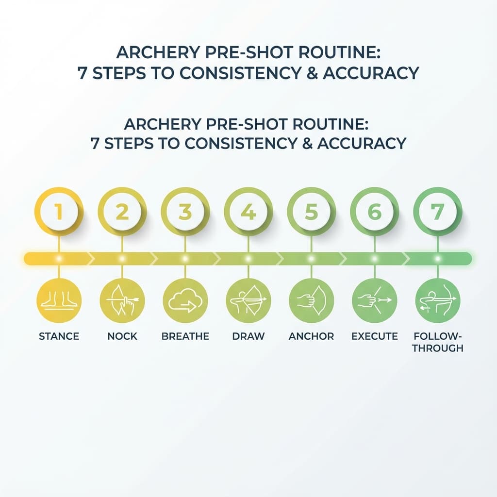 Timeline infographic showing the 7 steps of an archery pre-shot routine