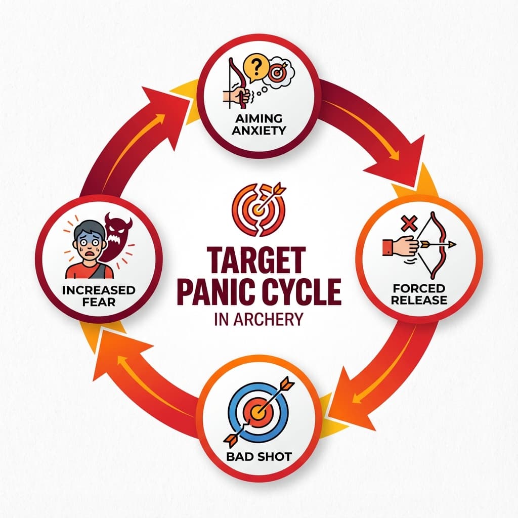 Circular diagram showing the target panic cycle: anxiety, forced release, bad shot, increased fear