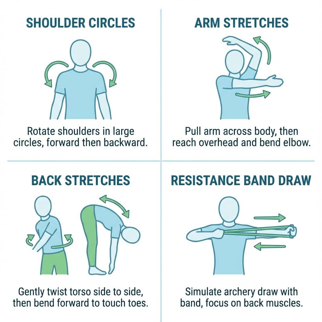 Illustrated guide showing 4 key archery warmup exercises